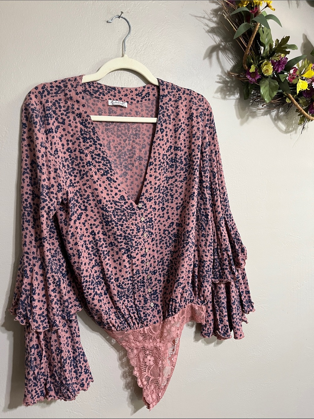 Free People Pink Floral Lace-Trim V-Neck Bell Sleeve Bodysuit